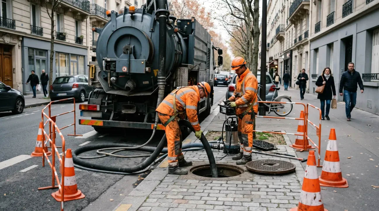 Plombier débouchage de canalisation avec camion d'hydrocurage dans une rue du Marais, Paris 3e